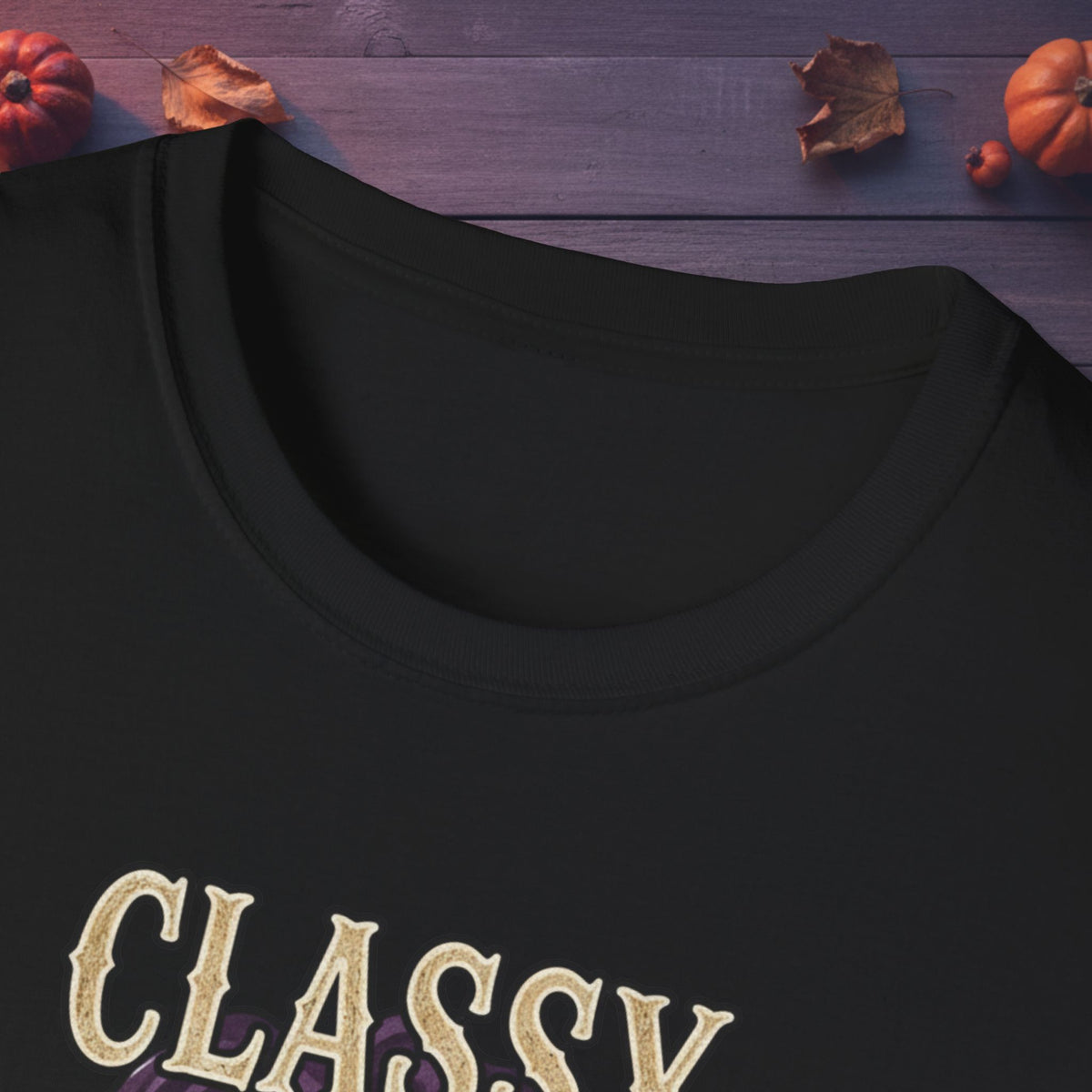 Close-up of neckline and Classy Boujee Batsh*t front artwork on black Halloween tee