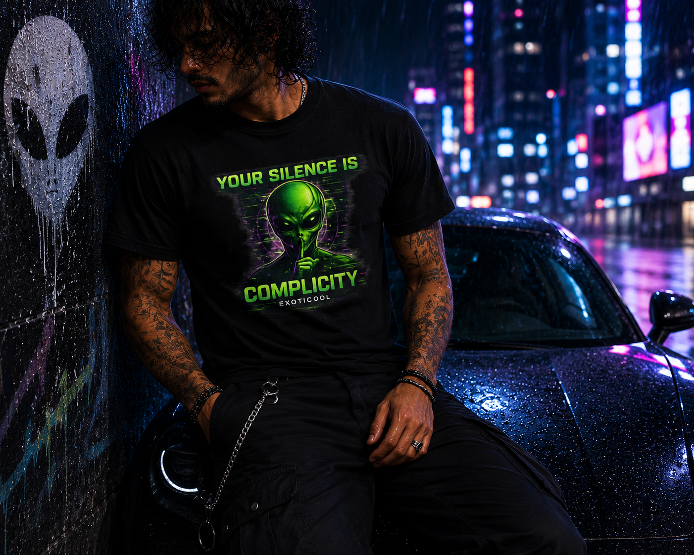 Candid lifestyle image of a model wearing the Exoticool Your Silence Is Complicity black graphic T-shirt beside a black Porsche with neon lights and a rain-soaked cyberpunk skyline.