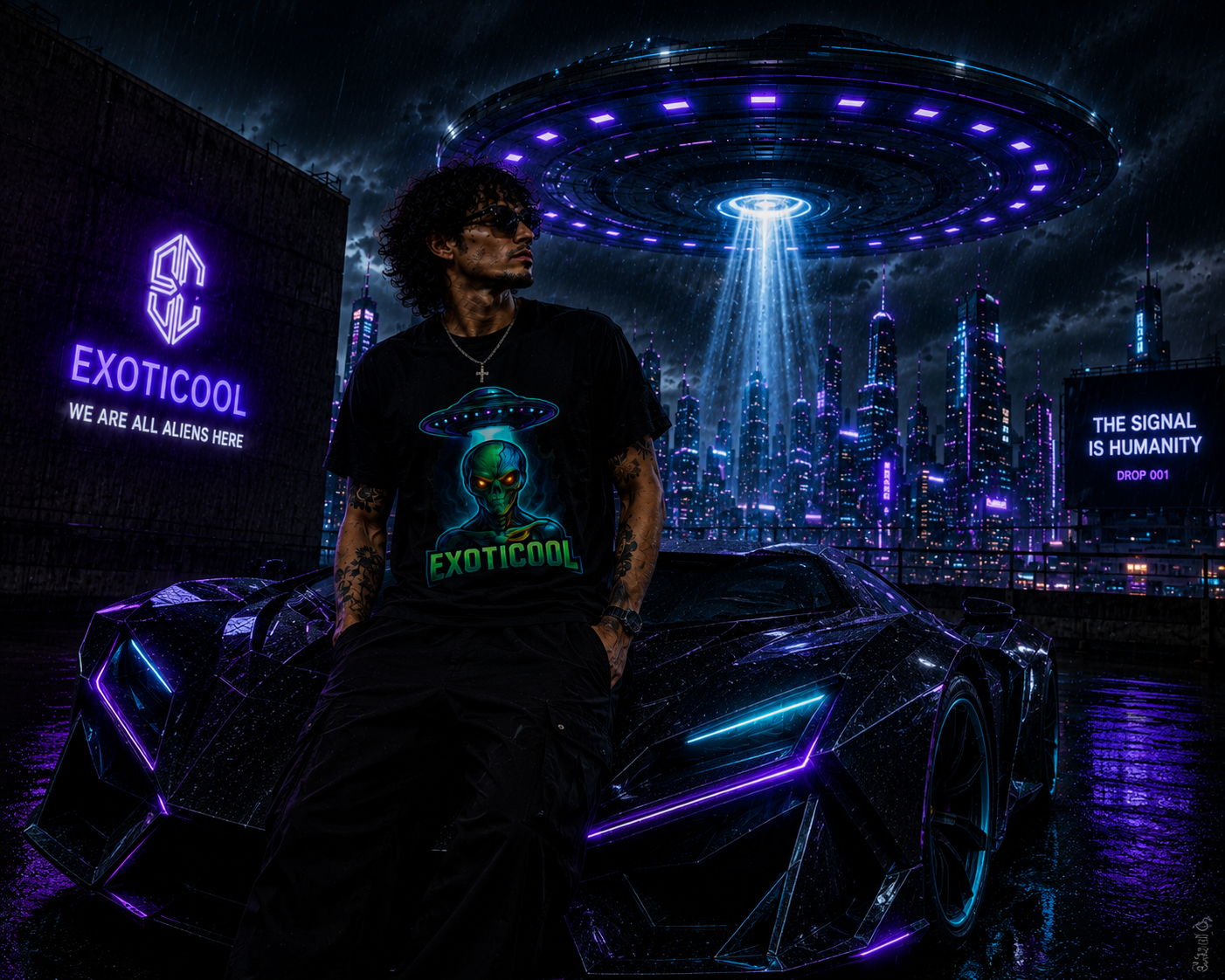 They Don’t Want You to Know alien signal graphic tee beside a concept car beneath a UFO.