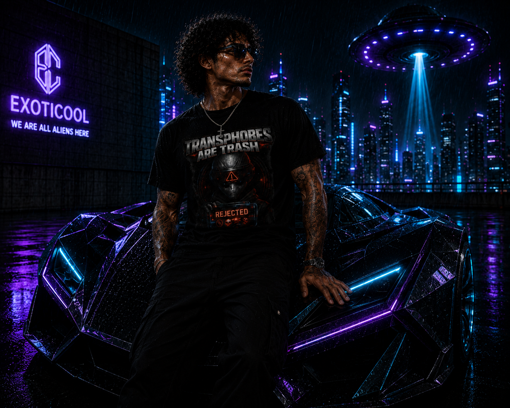 Model wearing the Transphobes Are Trash tee beneath a UFO in a rainy cyberpunk city.