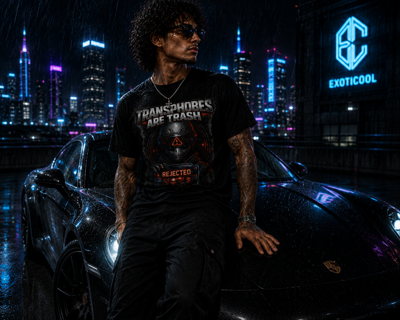 Model wearing the Exoticool Transphobes Are Trash alien streetwear graphic t-shirt while leaning against a black sports car on a rain-soaked rooftop overlooking a neon cyberpunk city skyline.