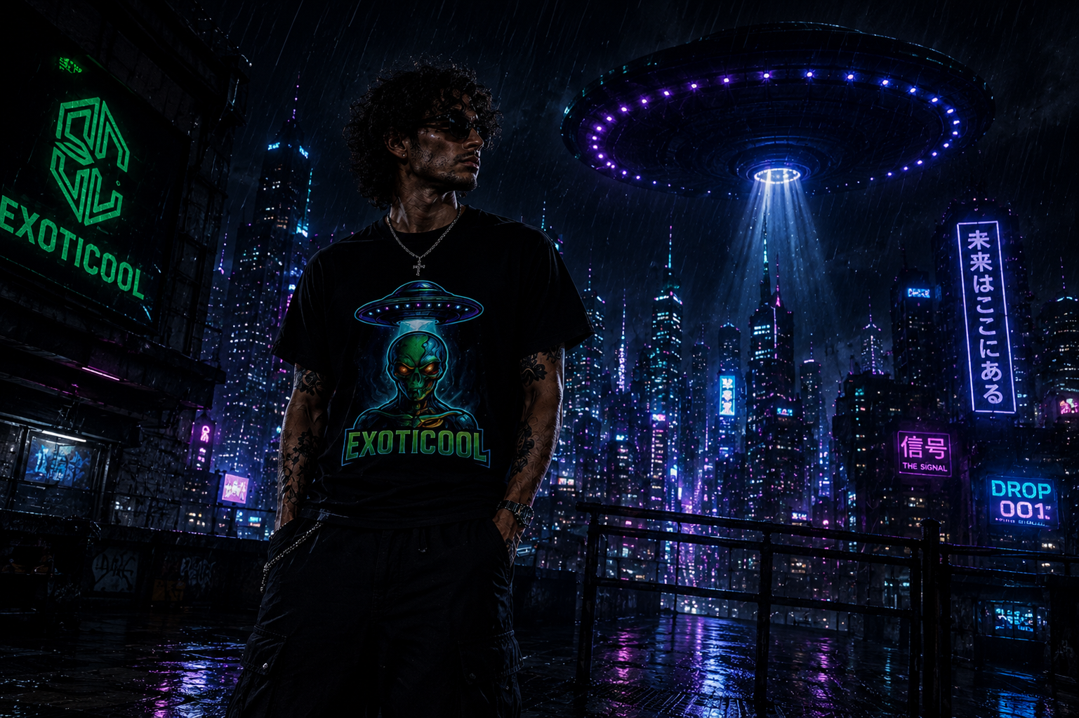 The Signal Started With One Vision – cinematic image representing the inspiration behind Exoticool with rain, neon city lights, and alien symbolism.