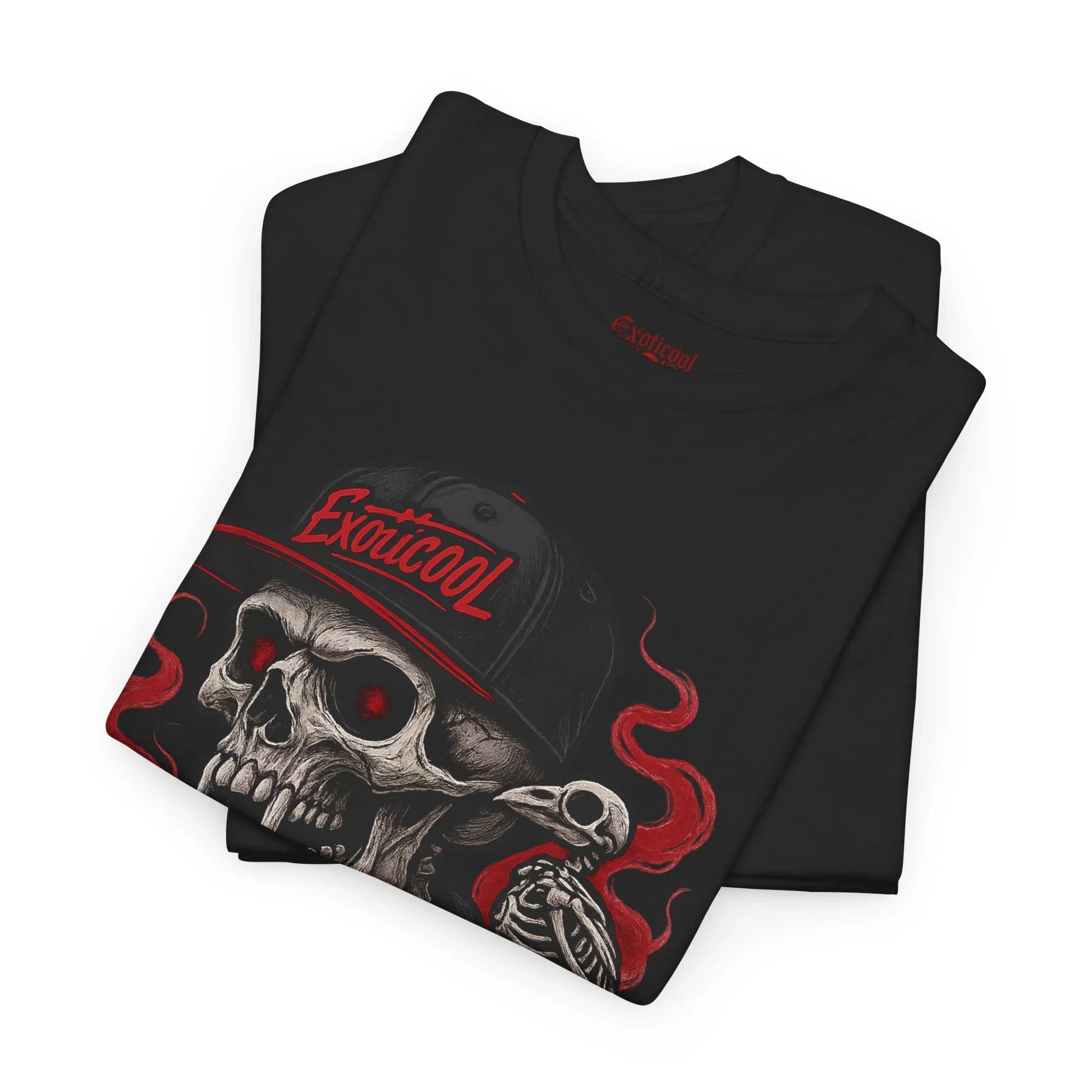 Black Exoticool t-shirt with skull, skeleton bird, and red smoke graphic design