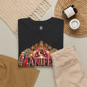 Manifest First, Panic Later black heavyweight graphic tee styled flat with accessories and jewel-inspired artwork