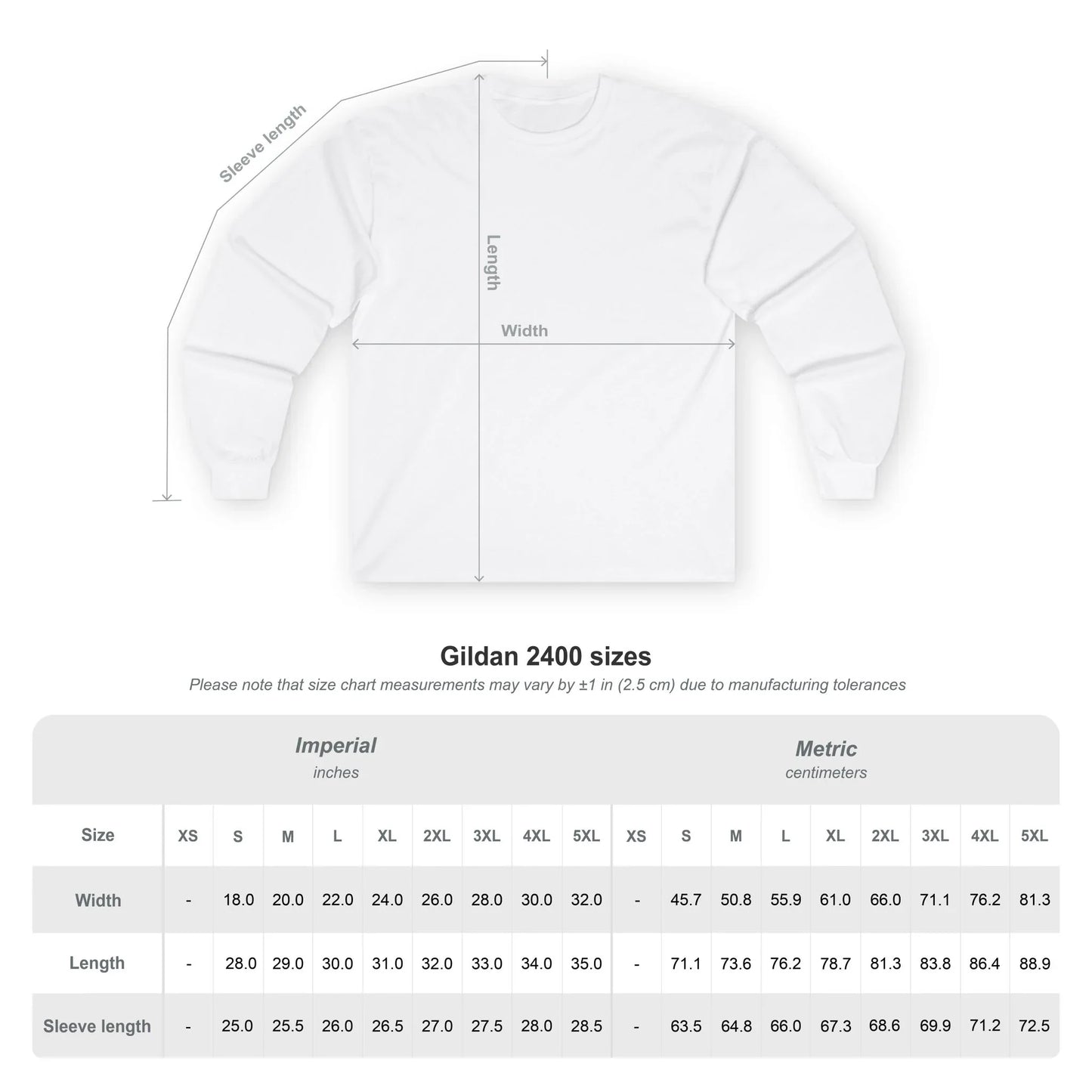 Gildan 2400 size chart with imperial and metric measurements for long sleeve shirt