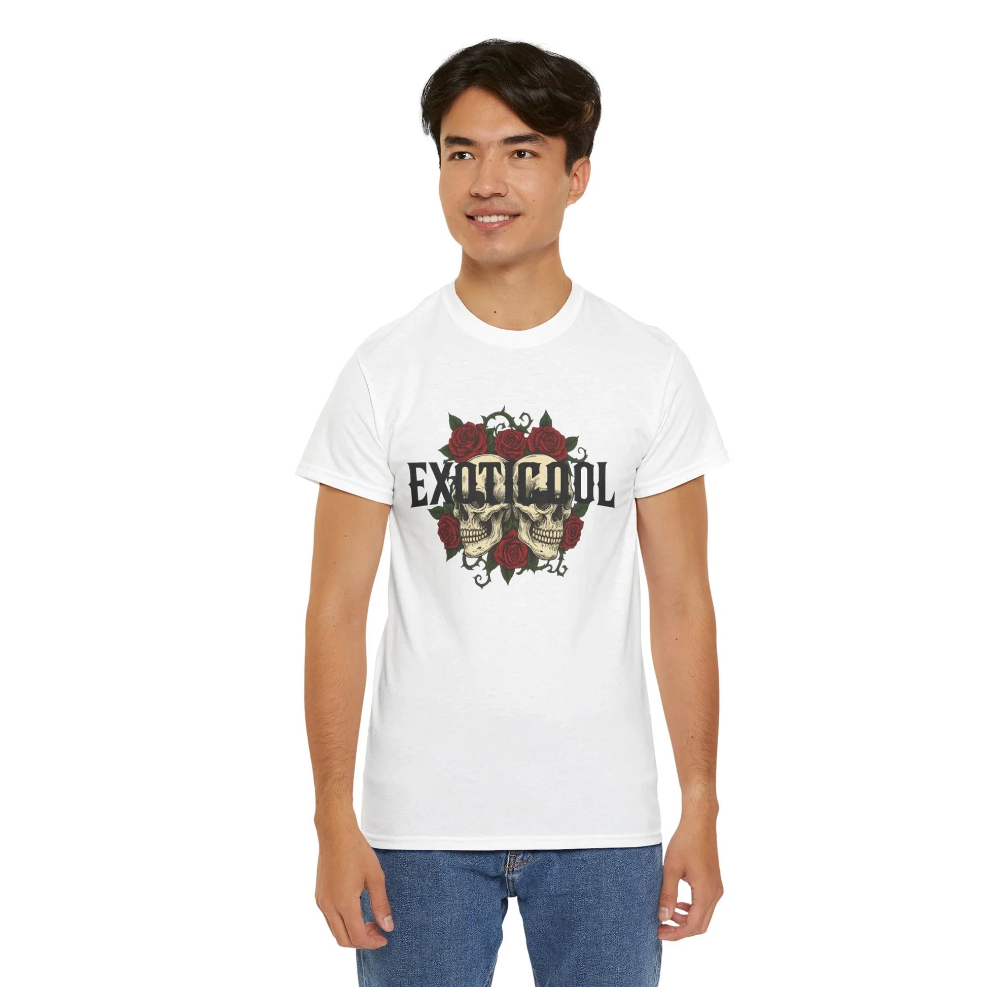 Man wearing white EXIT COOL graphic t-shirt with skull and rose design, blue jeans