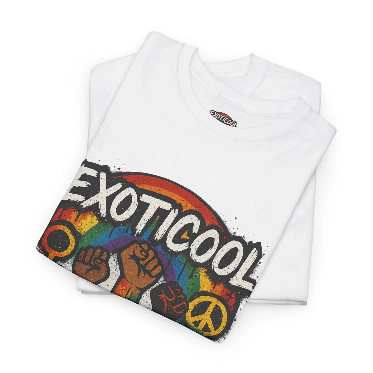 Exoticool white t-shirt with rainbow, peace sign, and raised fists graphic design