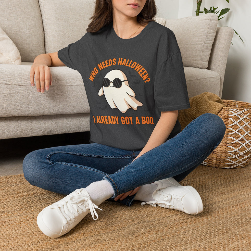 Seated model wearing the Who Needs Halloween? I Already Got a Boo tee in black