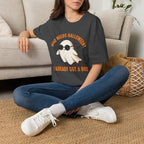 Seated model wearing the Who Needs Halloween? I Already Got a Boo tee in black
