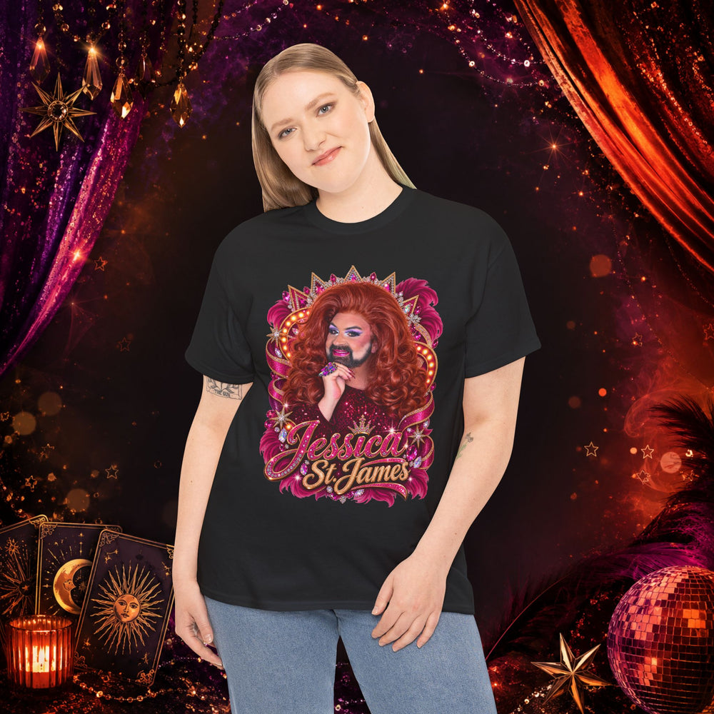 Woman wearing the Jessica St. James black heavy cotton graphic tee in a dramatic stage-inspired setting
