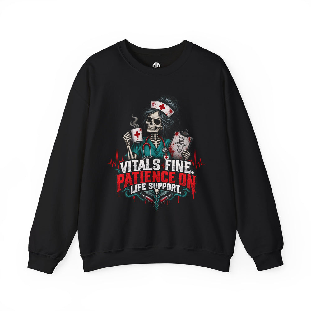 Black Vitals Fine Patience on Life Support nurse sweatshirt with skeleton nurse graphic