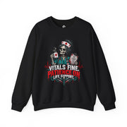 Black Vitals Fine Patience on Life Support nurse sweatshirt with skeleton nurse graphic