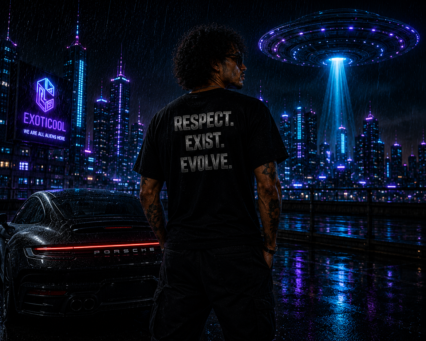 Model wearing the back of the Exoticool Transphobes Are Trash alien streetwear t-shirt beneath a massive UFO on a rain-soaked rooftop with a black Porsche and neon cyberpunk city skyline.