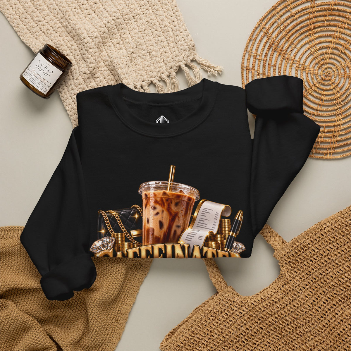 Caffeinated & Compensated crewneck sweatshirt size chart and garment measurements