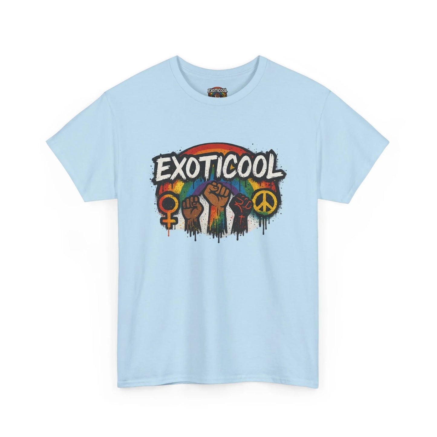 Light blue Exoticoool t-shirt with rainbow, raised fists, and equality peace symbols