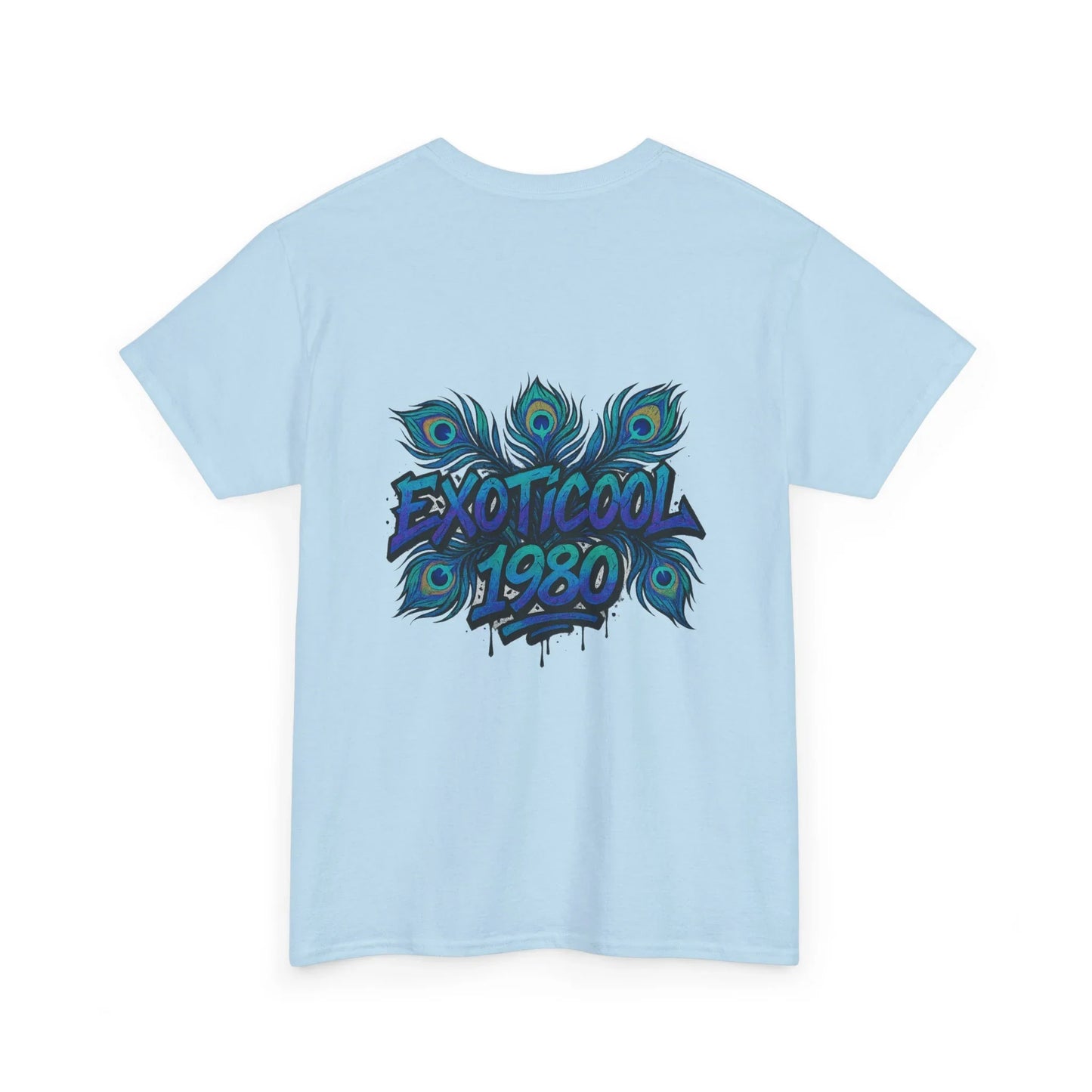 Light blue t-shirt with peacock feather graphic and EXOTICOOL 1980 graffiti text