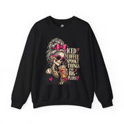 Black Iced Coffee & Big Plans crewneck sweatshirt with skeleton, pink bow and iced coffee graphic