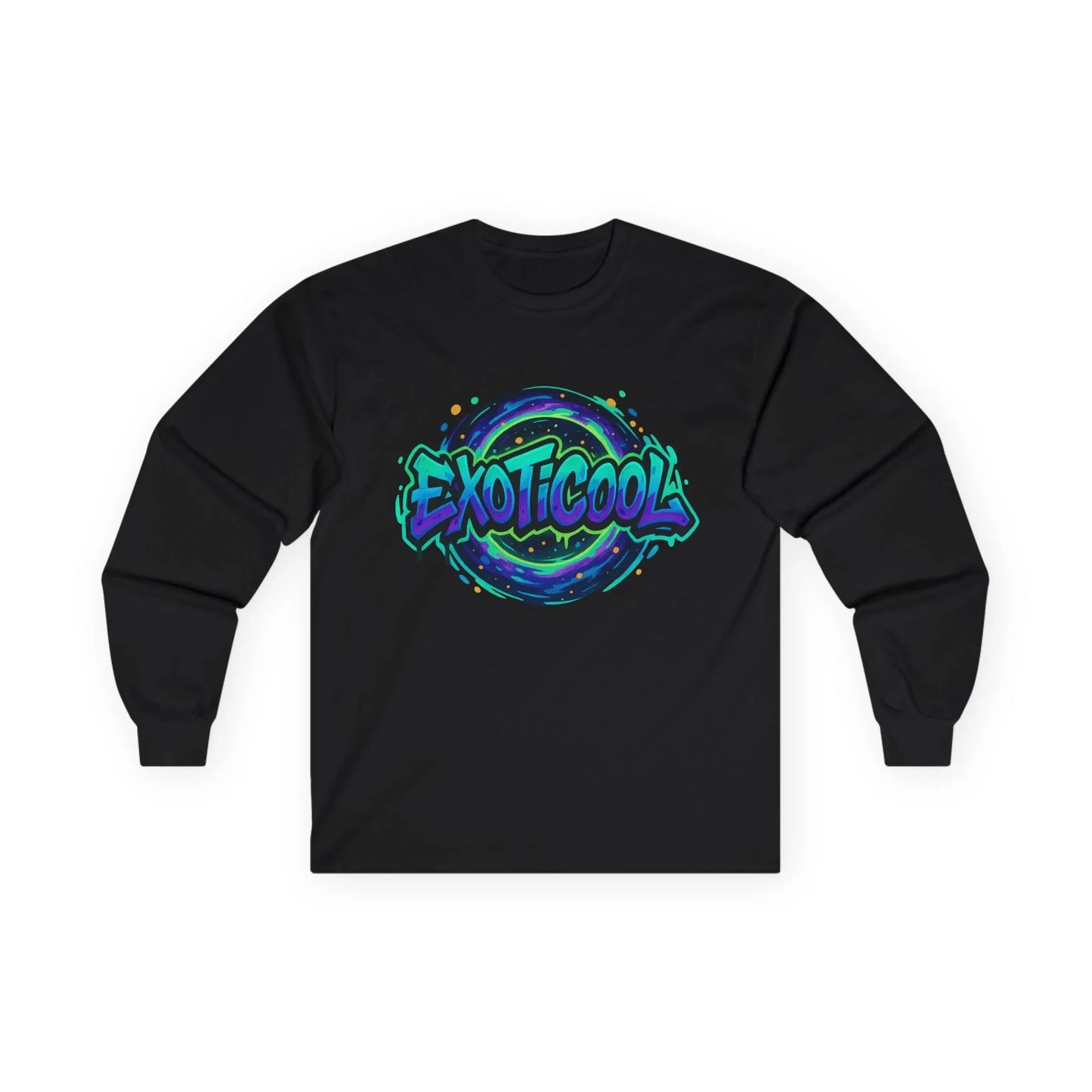Black long sleeve shirt with colorful EXOTICOOL graffiti design on front