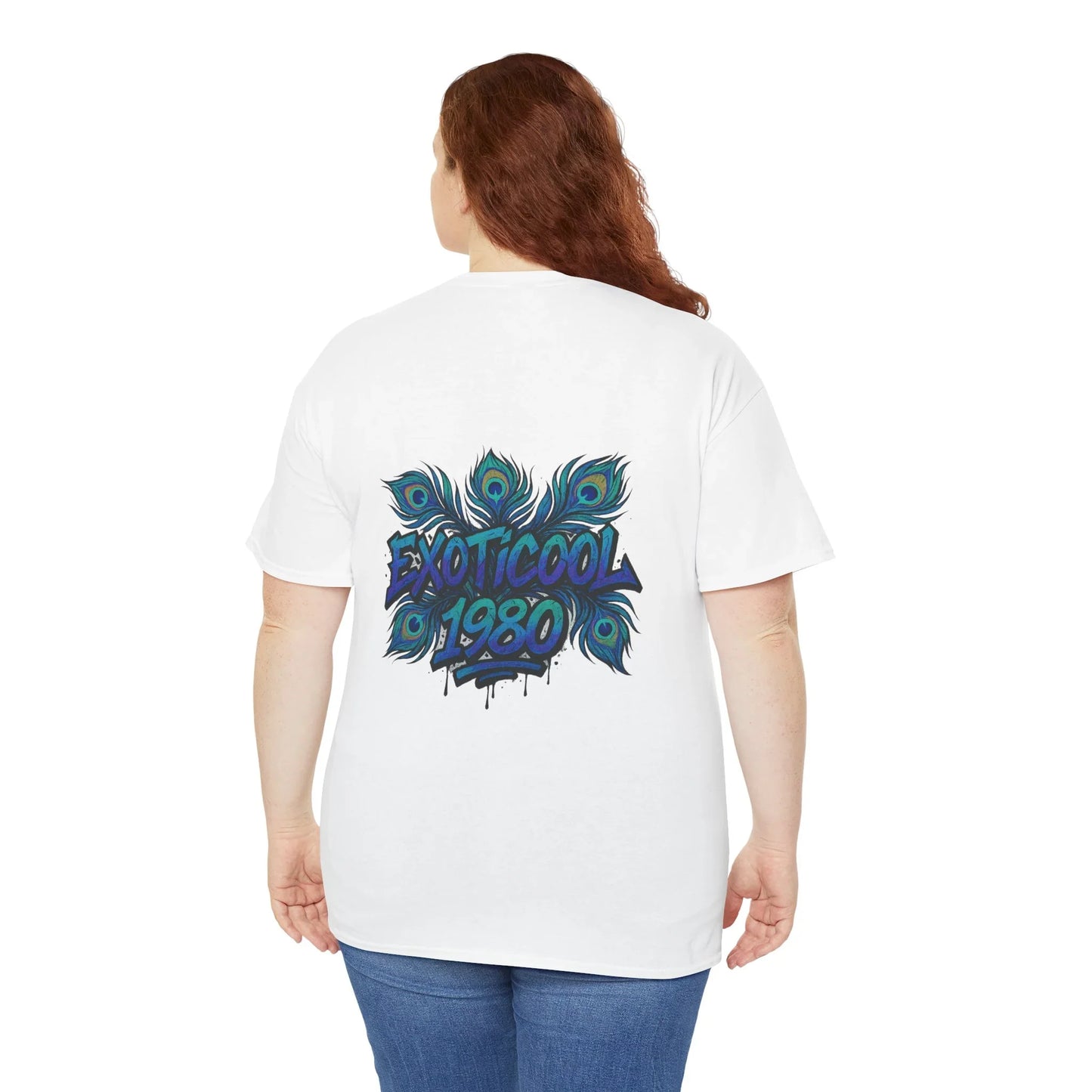 Woman wearing white t-shirt with colorful EXOTICOOL 1980 peacock feather graphic on back