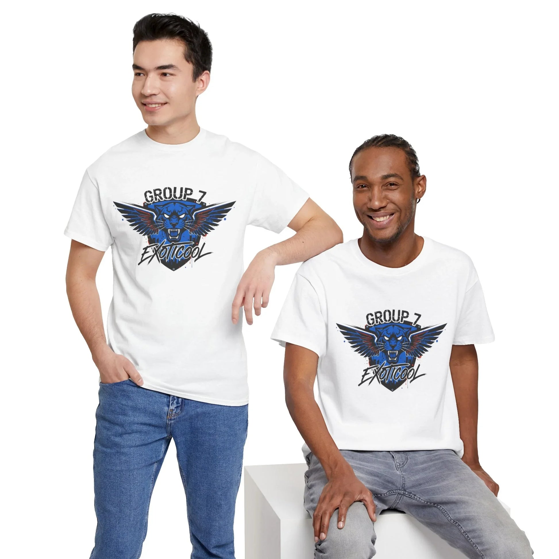 Two men wearing white 'Group 7 ExoticooL' graphic t-shirts with blue winged lion logo