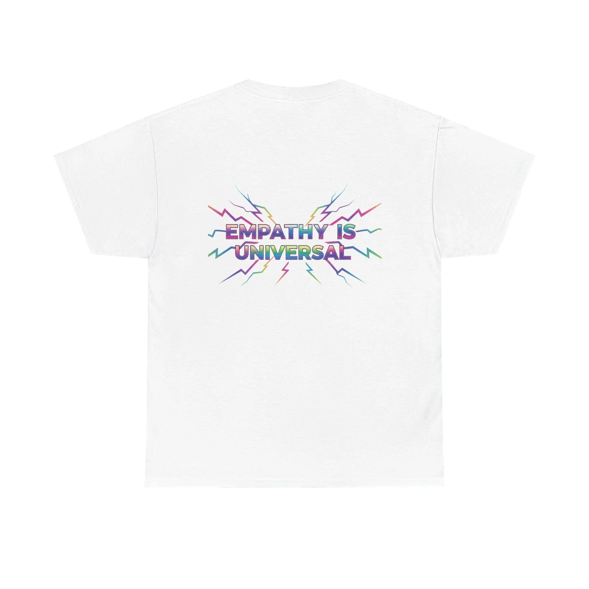 White t-shirt with colorful 'Empathy Is Universal' graphic and lightning bolt design on back