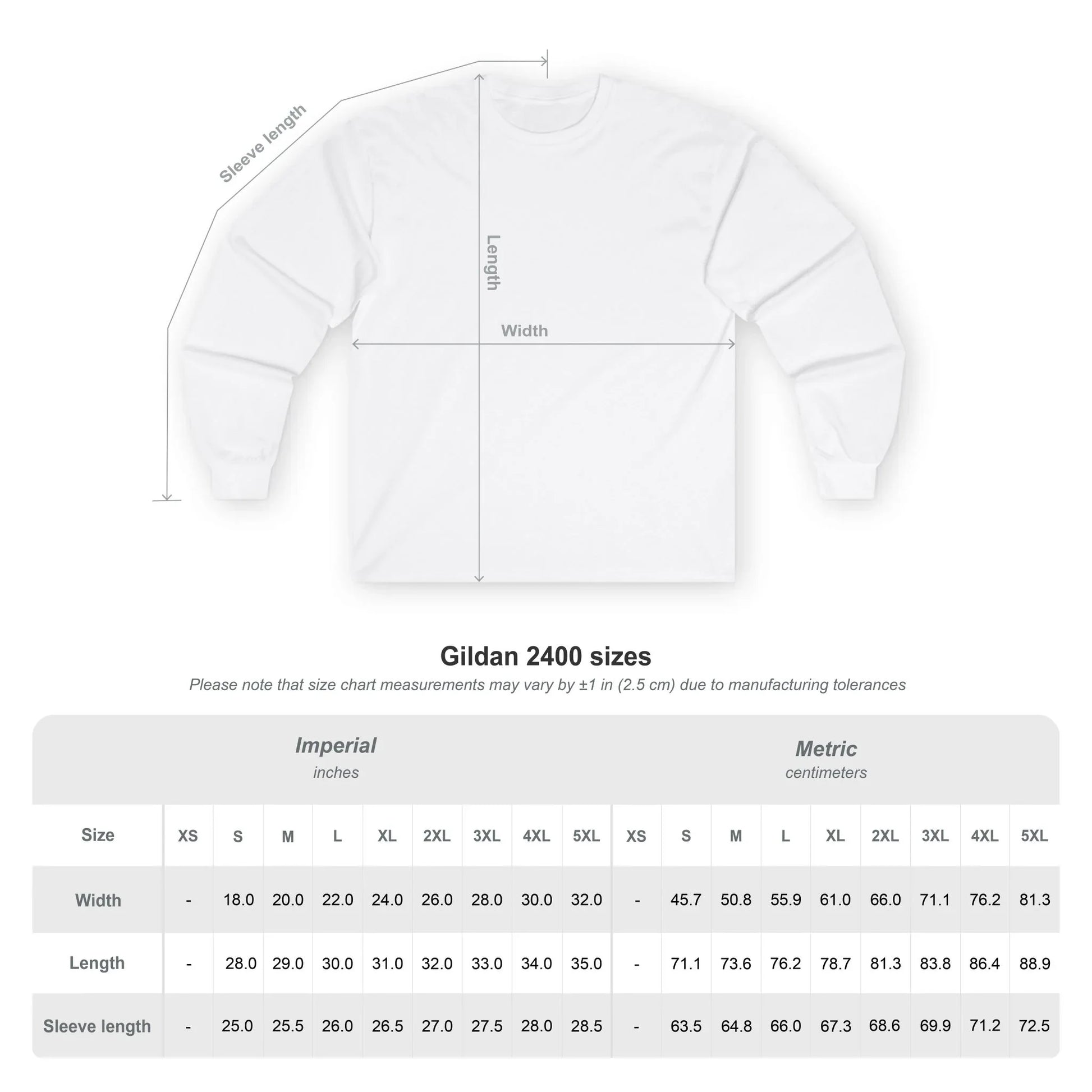 Gildan 2400 long sleeve shirt size chart with width, length, and sleeve measurements in inches and centimeters