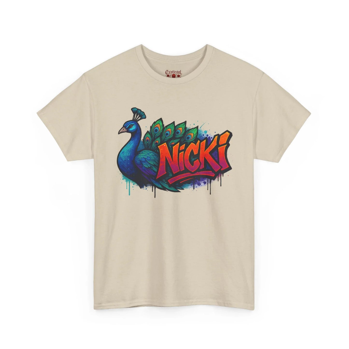 Beige t-shirt with colorful peacock graphic and bold Nicki graffiti text