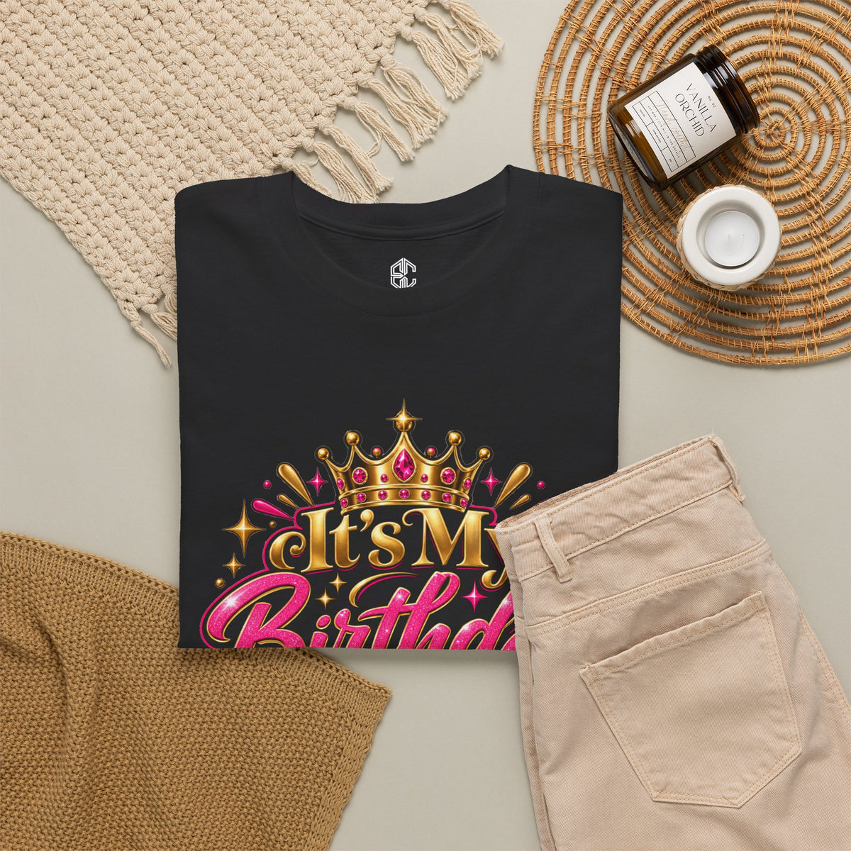 Black It’s My Birthday Behave Accordingly T-shirt styled flat with accessories