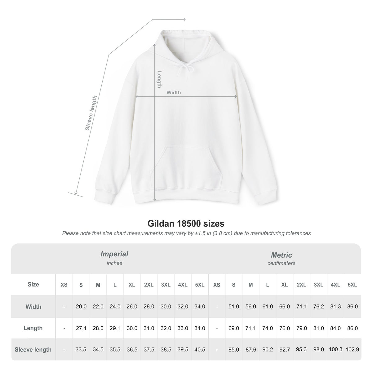 Gildan 18500 cyberpunk graphic hoodie size chart showing width, length and sleeve measurements for sizes