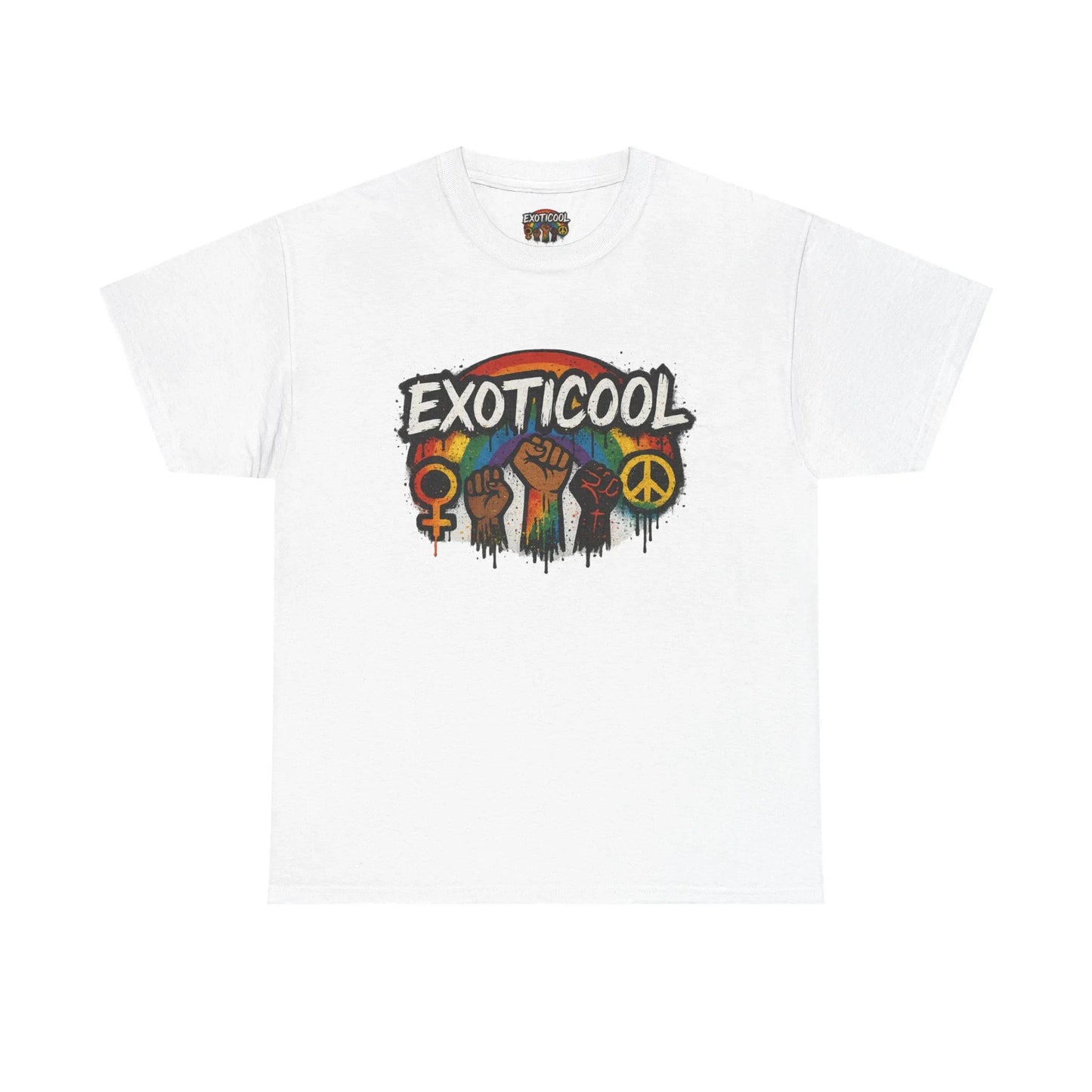 White EXOTICOOL t-shirt with rainbow, raised fists, female and peace symbols graphic