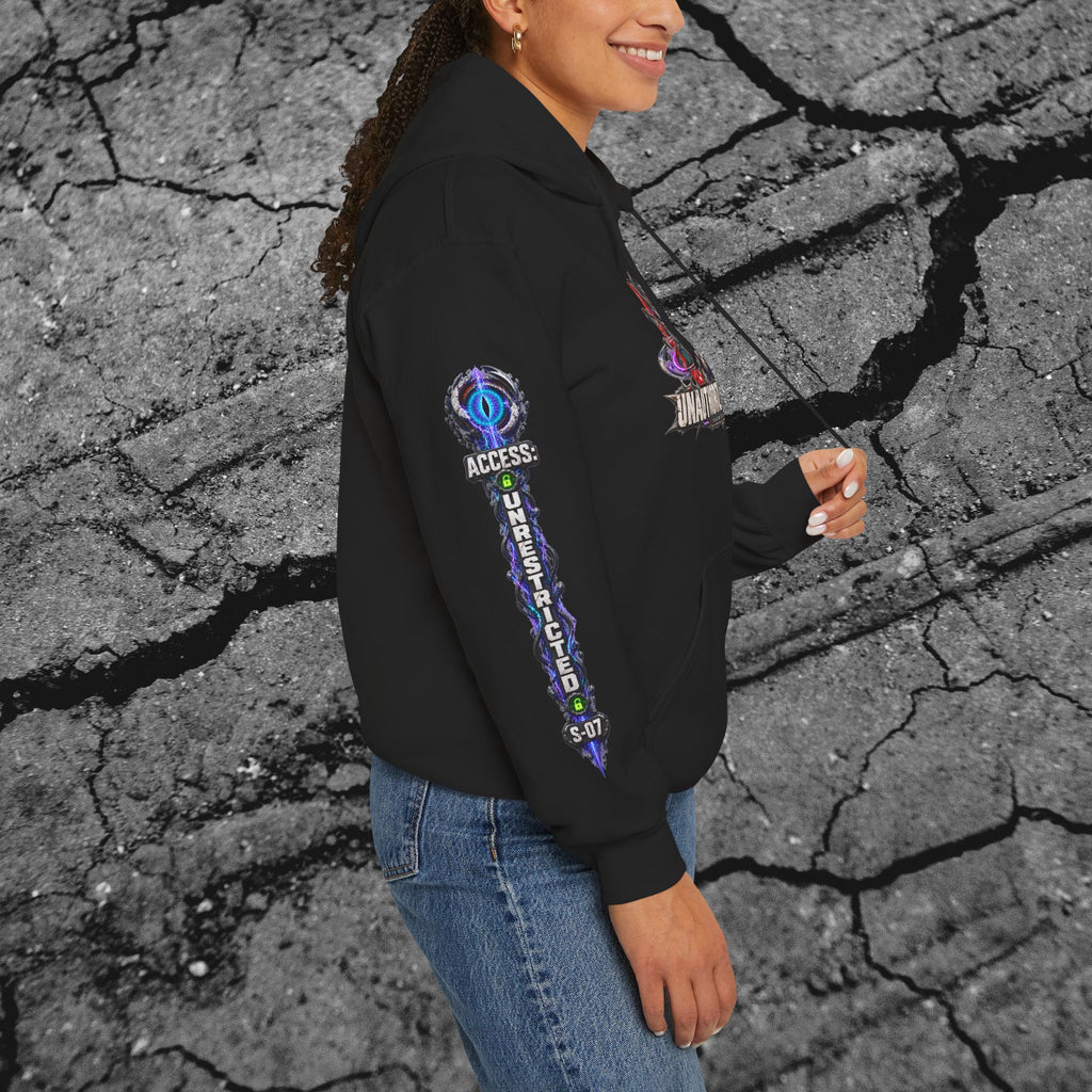 Side view of model wearing the cyberpunk hoodie with the vertical Permission Not Required left-sleeve print