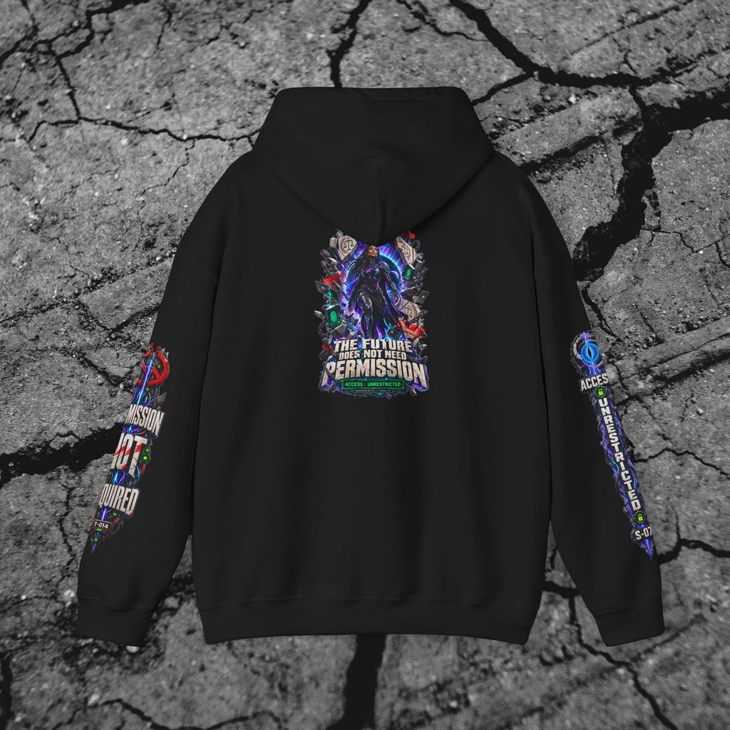 Front view of The Future Does Not Need Permission black cyberpunk hoodie showing the cinematic chest graphic and printed sleeves