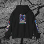Front view of The Future Does Not Need Permission black cyberpunk hoodie showing the cinematic chest graphic and printed sleeves
