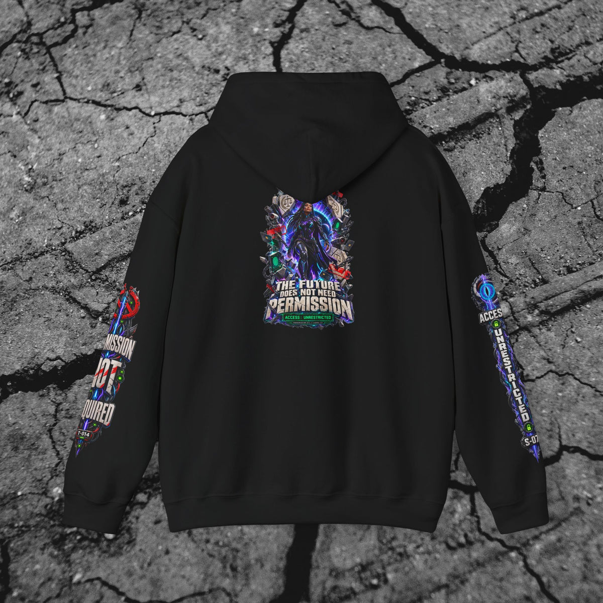 Front view of The Future Does Not Need Permission black cyberpunk hoodie showing the cinematic chest graphic and printed sleeves