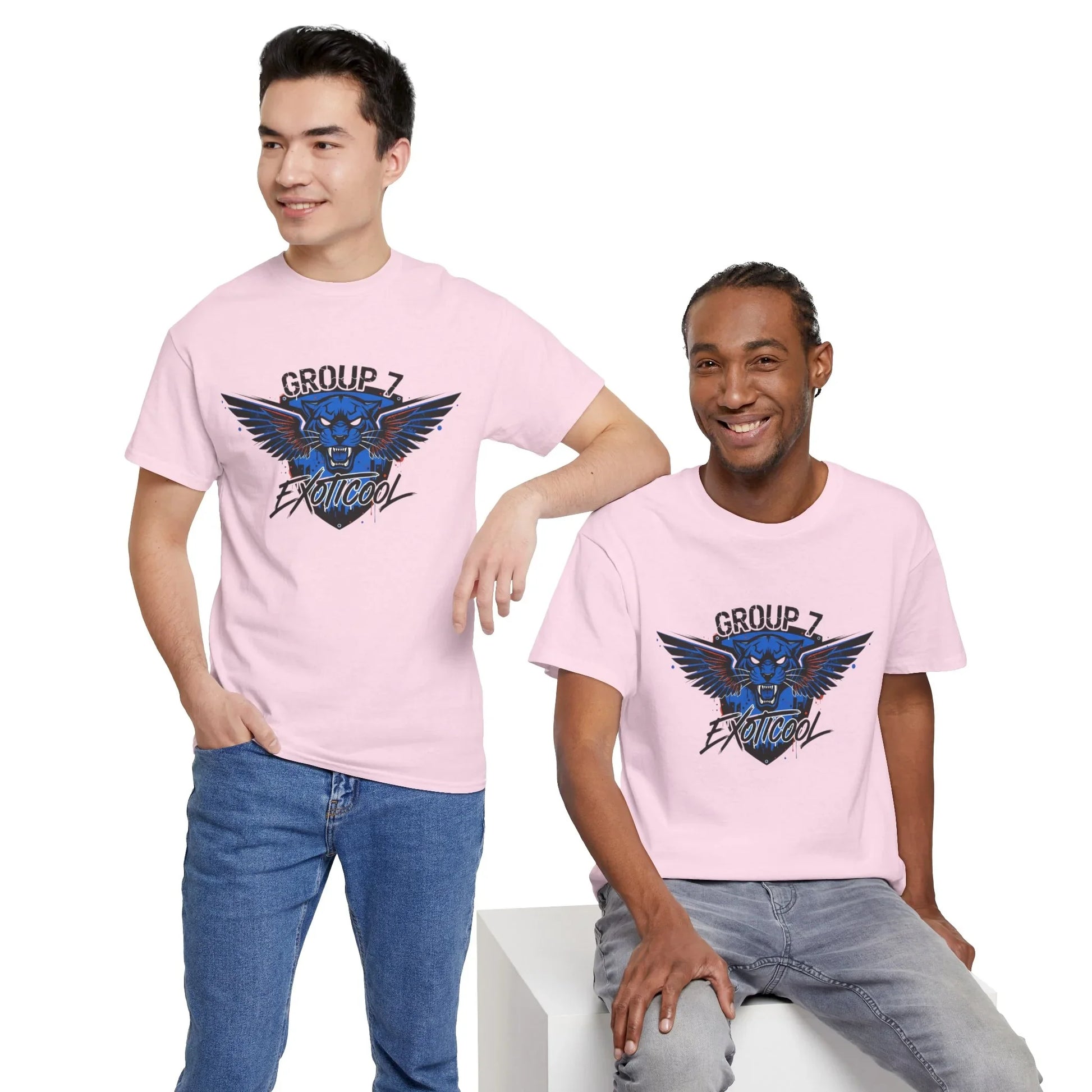 Two men wearing light pink Group 7 Exoticool t-shirts with blue panther and wing graphic