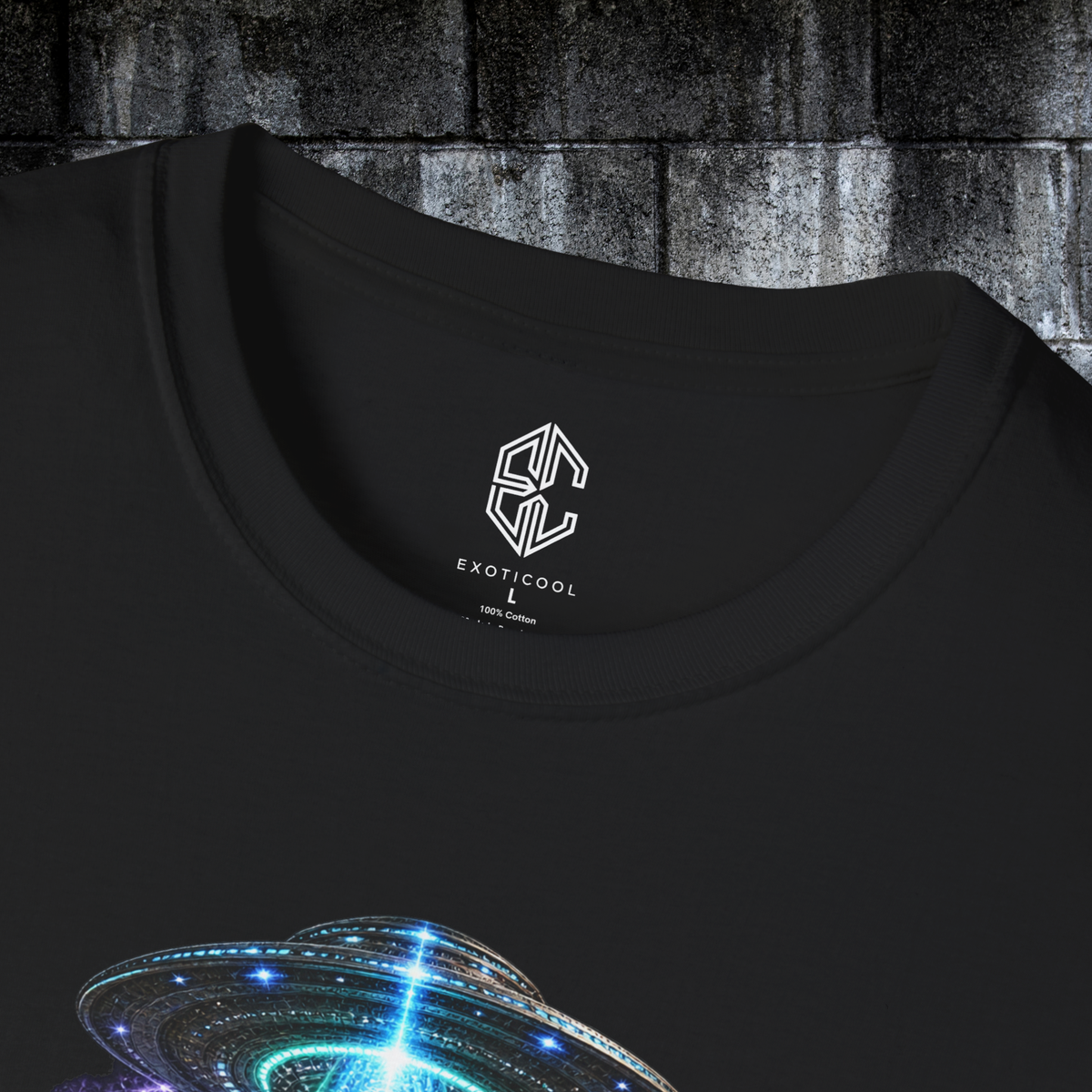 Close-up of black ring-spun cotton tee collar and Earth Is for Everyone front print
