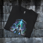Angled close-up of the vivid cosmic alien artwork printed on a black graphic tee