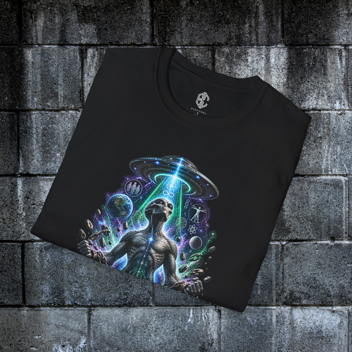 Angled close-up of the vivid cosmic alien artwork printed on a black graphic tee