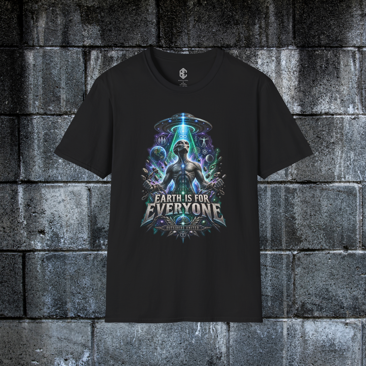 Black Earth Is for Everyone alien equality graphic tee displayed against a dark concrete wall