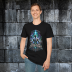 Model wearing the black Earth Is for Everyone alien equality graphic tee from the front