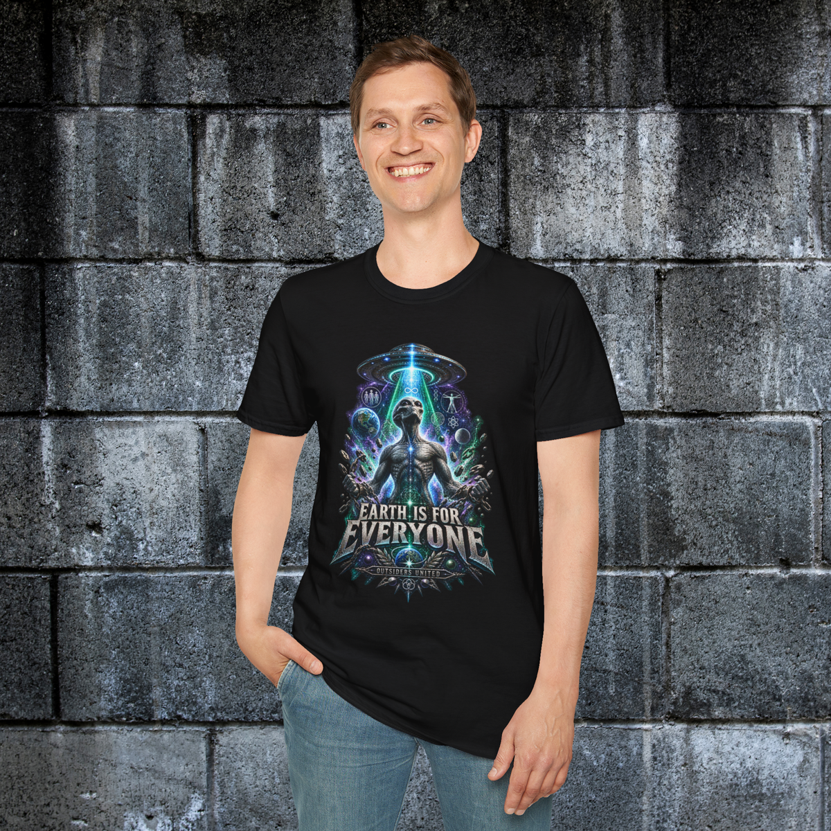 Model wearing the black Earth Is for Everyone alien equality graphic tee from the front