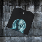 Folded black Your Existence Is Not Up for Debate tee showing alien artwork and Exoticool neck label