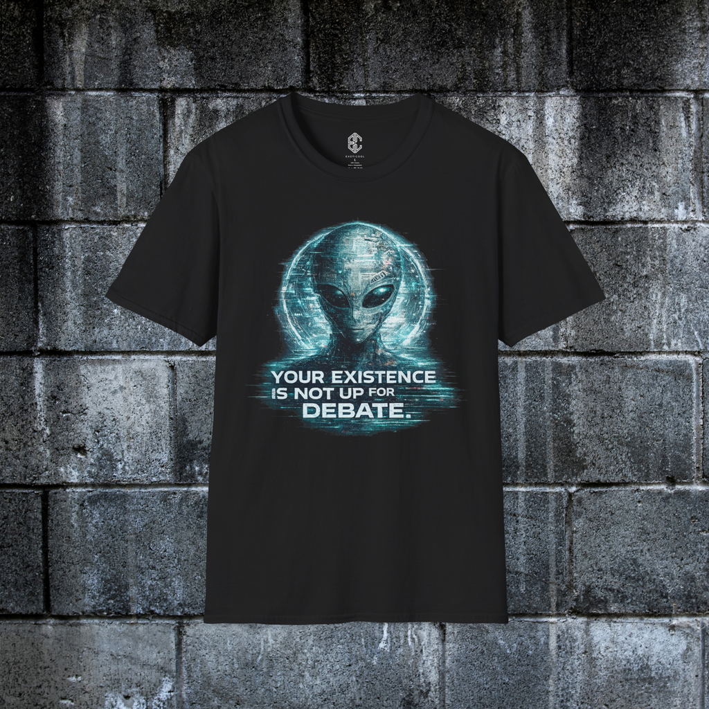Front view of black Your Existence Is Not Up for Debate alien statement graphic tee