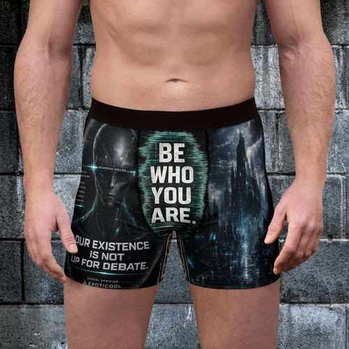 Front view of black Exoticool alien abduction boxer briefs with UFO print and Signal Verified waistband