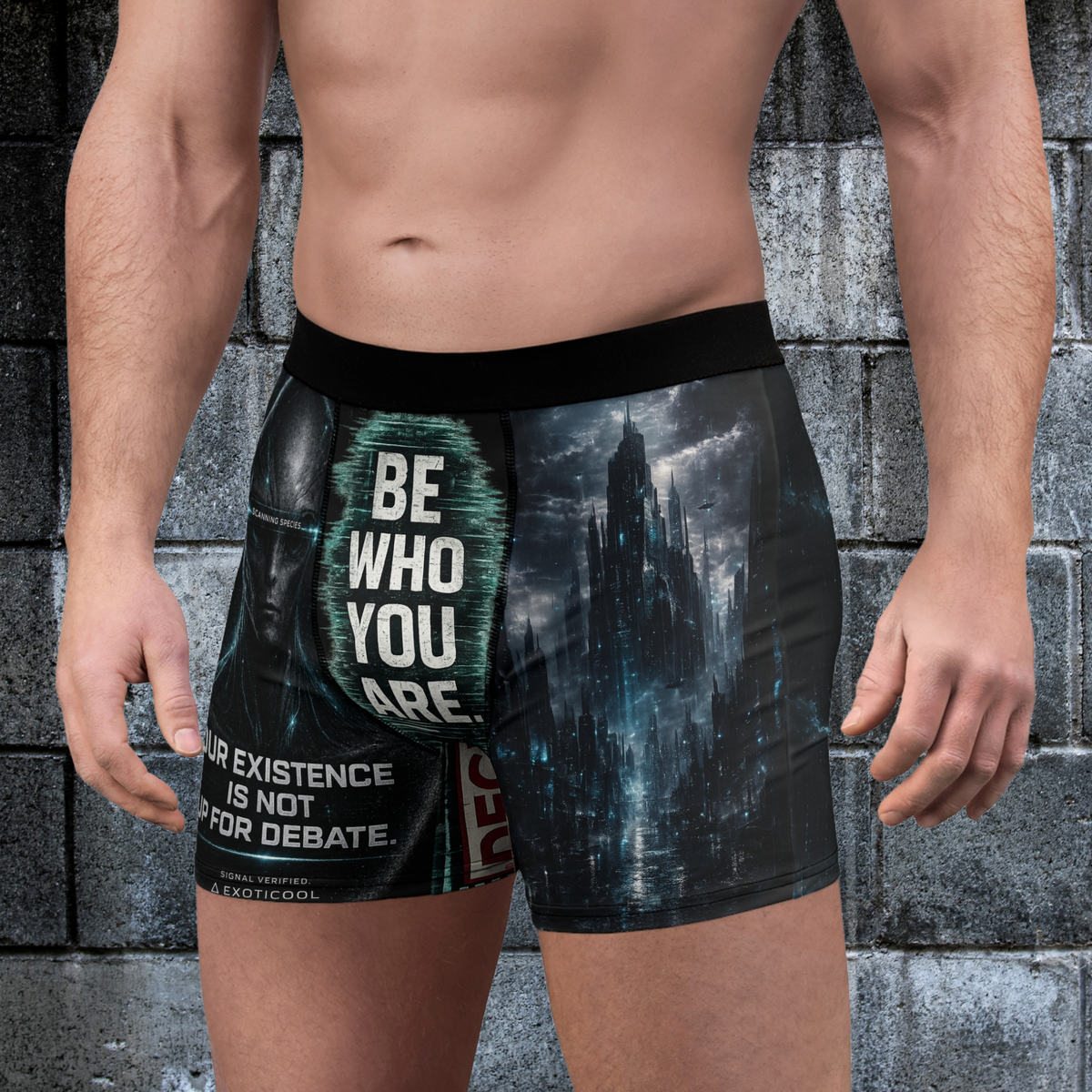 Side view of black Exoticool alien boxer briefs showing the UFO artwork and Signal Verified waistband