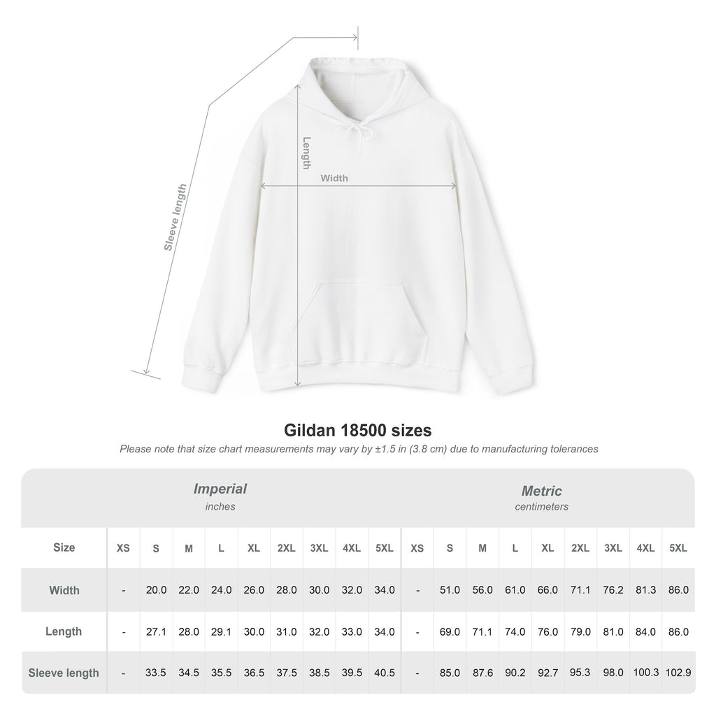 Gildan 18500 cyberpunk graphic hoodie size chart showing width, length and sleeve measurements for sizes S through 5XL in inches and centimeters