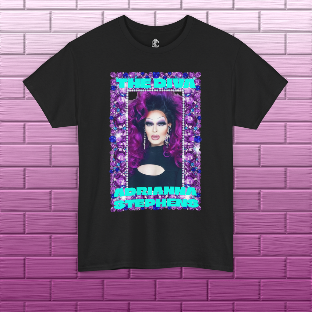 Front view of black Adrianna Stephens Purple Reign Diva graphic tee with colorful purple portrait artwork