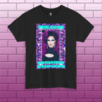 Front view of black Adrianna Stephens Purple Reign Diva graphic tee with colorful purple portrait artwork
