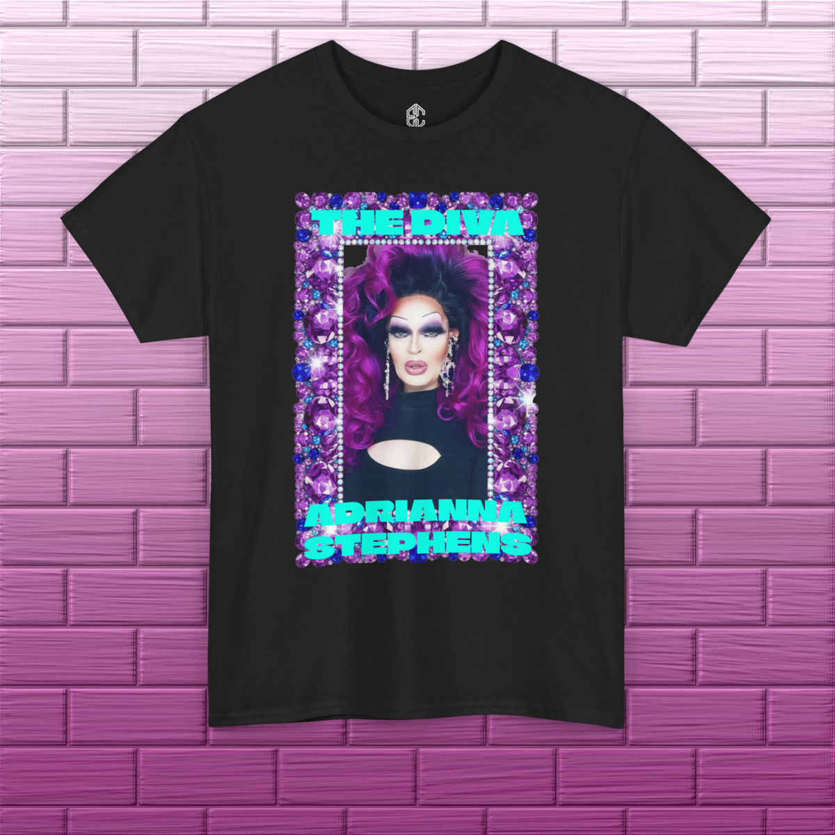 Front view of black Adrianna Stephens Purple Reign Diva graphic tee with colorful purple portrait artwork