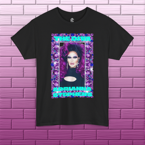 Front view of black Adrianna Stephens Purple Reign Diva graphic tee with colorful purple portrait artwork